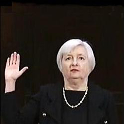 Janet Yellen, Chair of the Federal Reserve, Taking the Oath at Her Senate Confirmation Hearing 