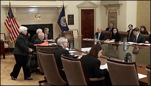 Fed Chair Janet Yellen Takes Her Seat at an Open Meeting of the Federal Reserve Board of Governors on November 30, 2015 to Vote on a New Bailout Rule