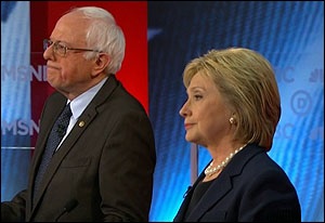 Senator Bernie Sanders and Hillary Clinton at the February 4, 2016 Democrratic Debate at the University of New Hampshire in Durham