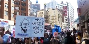 "Make America Honest Again" Poster Appears at the New York City March for Bernie Sanders for President, April 16, 2016