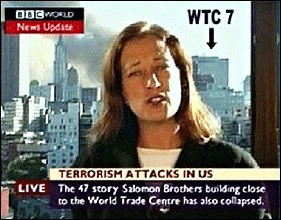 BBC correspondent Jane Standley Reported the Destruction of WTC 7 Before It Collapsed – Even Though the Building Could Be Seen Behind Her.(Photo Courtesy of Architects and Engineers for 9/11 Truth.)