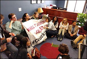 Protesters Stage a Sit In at Senator Chuck Schumer's Office Over Wall Street Democrats Selling Out