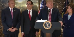 Trump Press Conference at Trump Tower, Tuesday, August 15, 2017. Trump Is Flanked by (left to right) Gary Cohn, Former President of Goldman Sachs, Now Chair of Trump's National Economic Council, Steven Mnuchin, Treasury Secretary, and Elaine Chao, Secretary of Transportation.