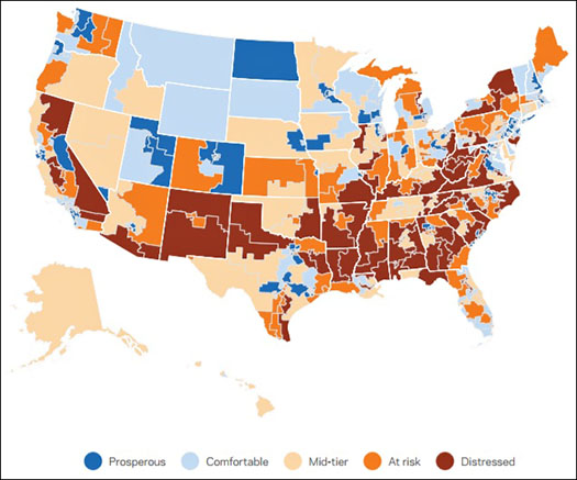 Distressed Communities in United States (Dark Red) Source: Economic Innovation Group