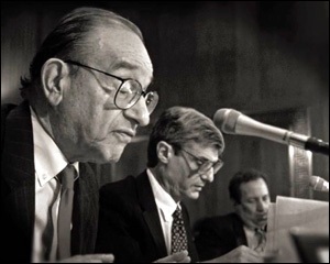 (Left to Right) Former Fed Chair Alan Greenspan, Treasury Secretary Robert Rubin and then Deputy Secretary of the Treasury Larry Summers