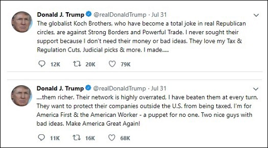 Trump Rails Against Koch Brothers in Tweet, July 31, 2018