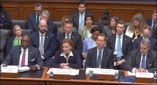 House Financial Services Committee Hearing, May 16, 2019. Left to Right: Rodney Hood, Chair of the National Credit Union Administration; Jelena McWilliams, Chair of the Federal Deposit Insurance Corporation; Joseph Otting, Head of the Office of the Comptroller of the Currency; Randal Quarles, Vice Chairman for Supervision at the Federal Reserve.