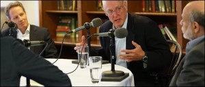 Marketplace, an American Public Media Program, Interviews (left to right) Timothy Geithner, Hank Paulson and Ben Bernanke in March 2018