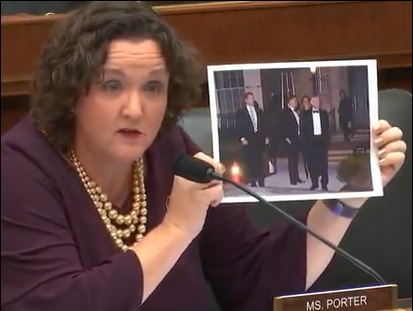 Congresswoman Katie Porter Holds Up a Photo of Fed Chair Powell Attending a Lavish Party at the Home of Jeff Bezos, One of the World's Richest Men and CEO of Amazon