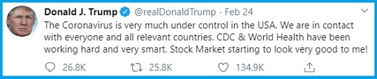 Trump Tweet on Coronavirus, Monday, February 24, 2020