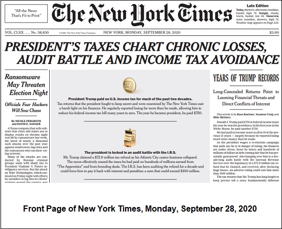 Front Page of New York Times, Monday, September 28, 2020