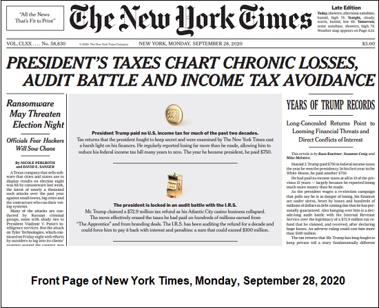 Trump's Taxes Front-Page-of-New-York-Times-Monday-September-28-2020