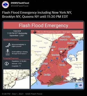 NWS Tweet on Flash Flood Emergency for New York City, September 1, 2021