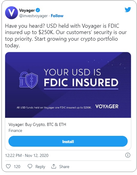 Voyager Brags on Its Twitter Page that It's FDIC Insured