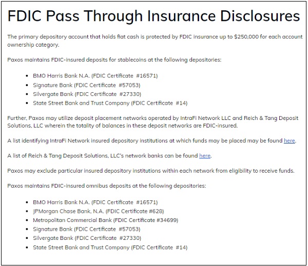 Paxos Statement on FDIC Insurance at Paxos Web Site, November 27, 2022