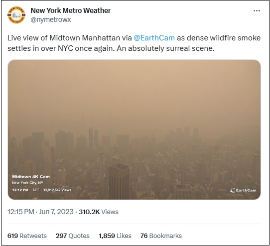 Metro Weather Tweet on NYC Smoke from Canadian Wildfires